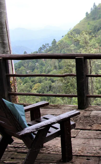 Auf einer Veranda zu den Teeplantagen Sri Lankas schauen